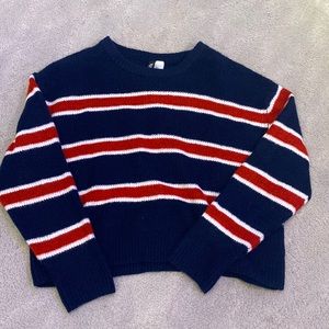 Cute sweater,navy with red and white lines!